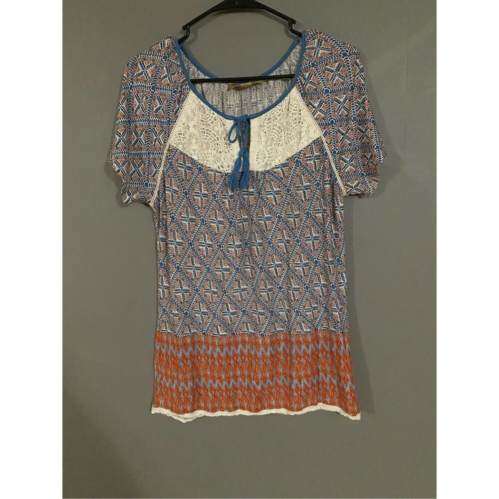 Vintage American Blues Multi Colored Design Short Sleeve Top Size XS